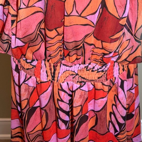 🧡DKNY Red Orange Floral Tropical Flowy Colorful Plunging Neckline Dress Size 14 - Picture 4 of 10